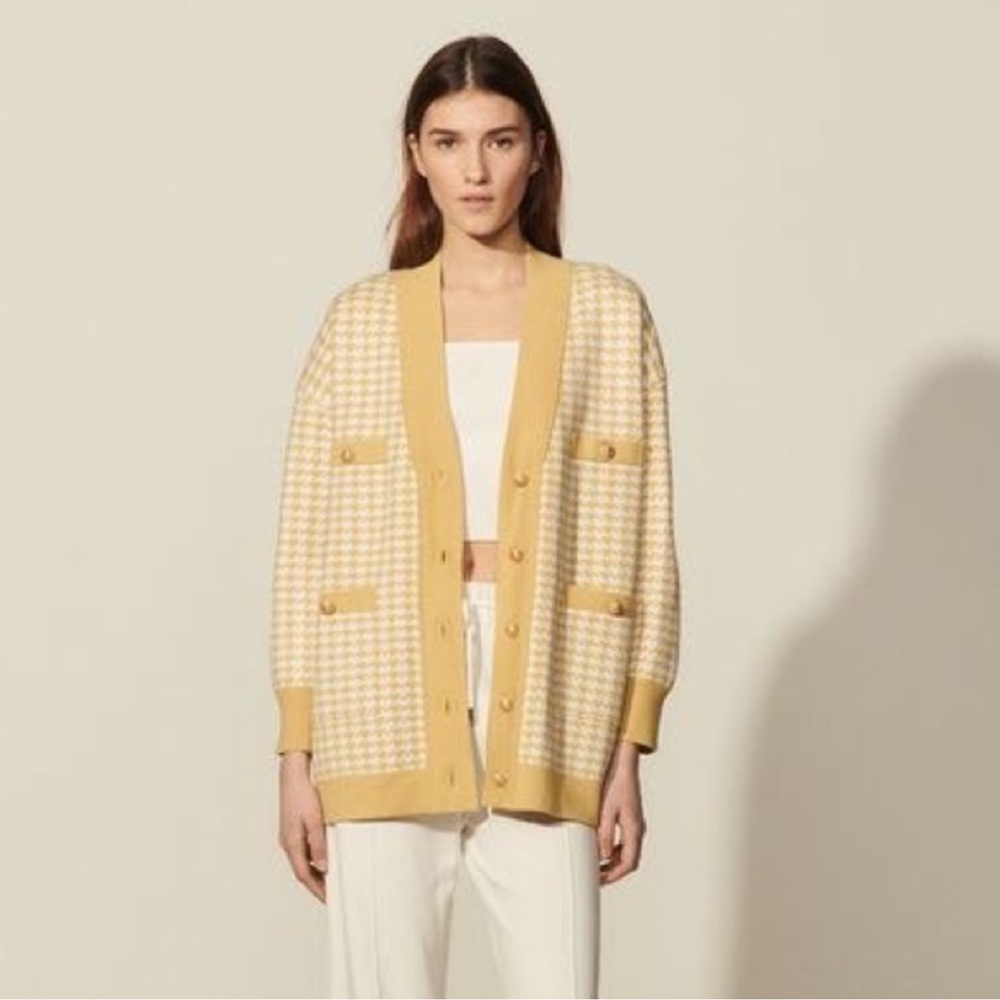 Joie Mustard Gingham Gold Button Cardigan